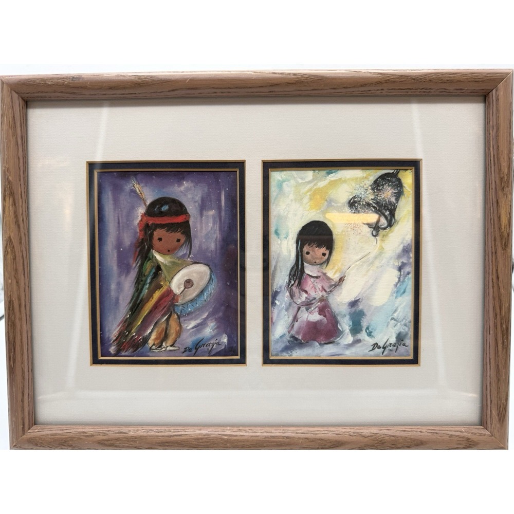 De Grazia The Bell of Hope & Pima Indian Drummer Boy  Framed 13" x 9.75"